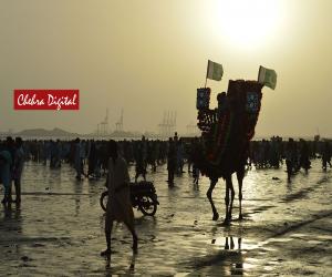 Karachi: People enjoying camel ride, Pakistani flags flying high