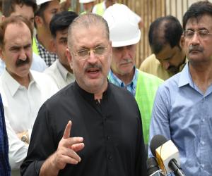 Minister for Information, Transport and Mass Transit Sindh Sharjeel Inam Memon's media talk on BRT Red Line Project near Mazar-i-Quaid.