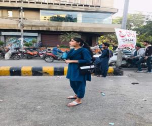 Protest demonstration in front of Karachi Press Club against police lathi charge and shelling on Baloch Unity March in Islamabad