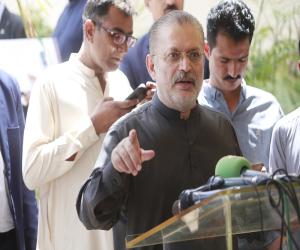 Sindh Senior Minister Sharjeel Inam Memon addresses the media.