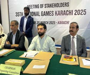 A meeting regarding the organization of the **35th National Games in Karachi** was held at a local hotel in Karachi, chaired by the **Minister of Sports,