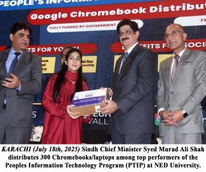 CM Murad Shah distributes 300 Chromebooks, inaugurates girls, boys hostels at NED University